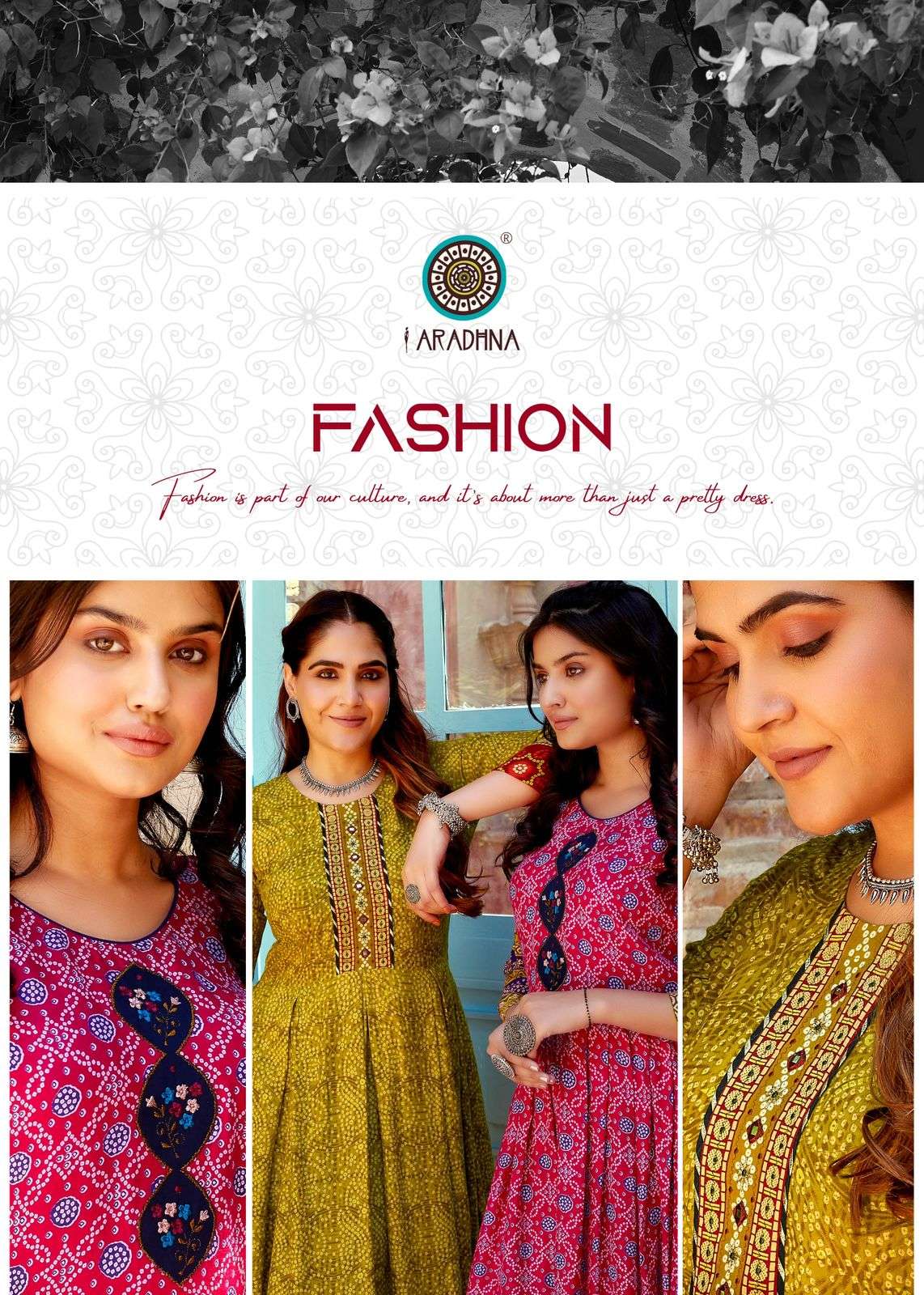 BANDHANI VOL 4 RAYON BANDHANI PRINT EMBROIDERY WORK LIVA TAG LONG GOWN KURTI BY ARADHNA BRAND POSTER4